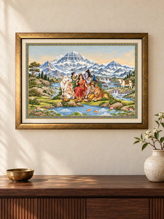 Shiva Shakti Parivar framed wall art hung in an entryway