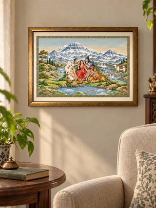 Shiva Shakti Parivar framed wall art on a living room wall