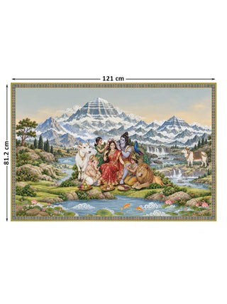 Shiva Shakti Parivar landscape wall art showing a family beside a stream beneath snow peaks, marked with its 81.2 cm by 121 cm size