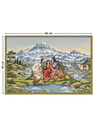 Shiva Shakti Parivar landscape wall art showing a family beside a stream beneath snow peaks, marked with its 44 cm by 66 cm size