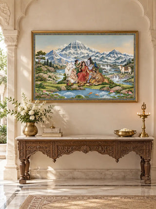 Shiva Shakti Parivar landscape wall art in a gold frame above a carved wood console with a marble top, a brass vase of white flowers and a brass lamp