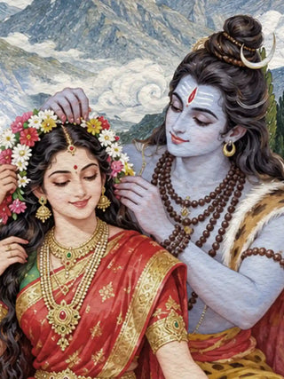 A detail of the Shiva Shakti Parivar wall art showing a blue-skinned figure with a crescent moon setting a flower garland in a woman’s hair