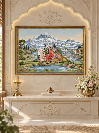 Shiva Shakti Parivar landscape wall art in a gold frame inside a cream marble niche, above a ledge with a brass oil lamp and white flowers