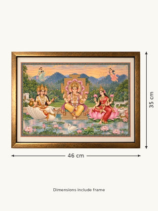 Size guide for Shree Lakshmi Ganesh Saraswati framed wall art: 35 cm high and 46 cm wide including frame