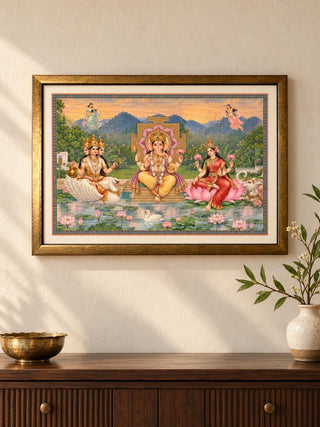 Shree Lakshmi Ganesh Saraswati framed wall art hung in an entryway