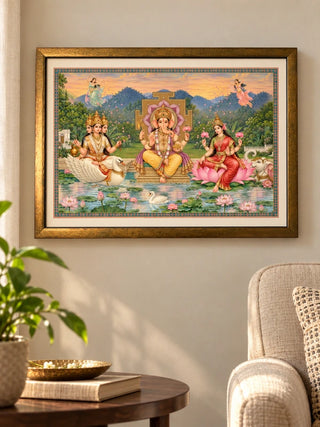 Shree Lakshmi Ganesh Saraswati framed wall art on a living room wall