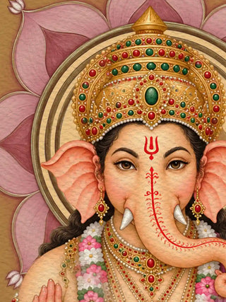 A detailed macro close-up of the Shree Lakshmi Ganesh Saraswati wall art highlighting Ganesha’s jewelled crown, red tilak and flower garland before a pink lotus