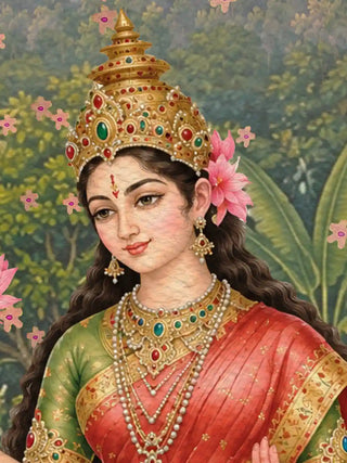 A detailed macro close-up of the Shree Lakshmi Ganesh Saraswati wall art highlighting a goddess in a jewelled gold crown, red sari and pearl necklaces