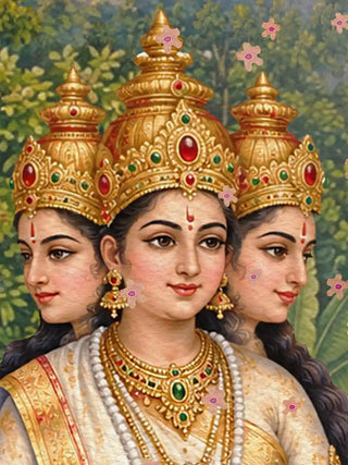 A detailed macro close-up of the Shree Lakshmi Ganesh Saraswati wall art highlighting a three-faced figure in gold jewelled crowns with pearl necklaces