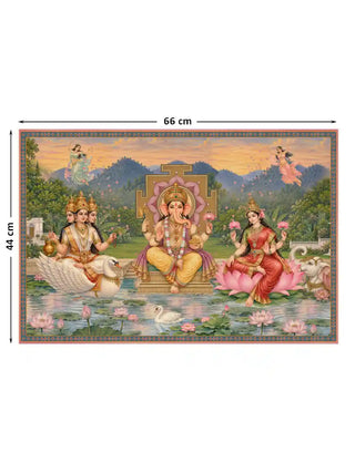 Full pattern layout of the Shree Lakshmi Ganesh Saraswati wall art shown at 44 cm by 66 cm dimensions with Ganesha, a lotus pond and swans