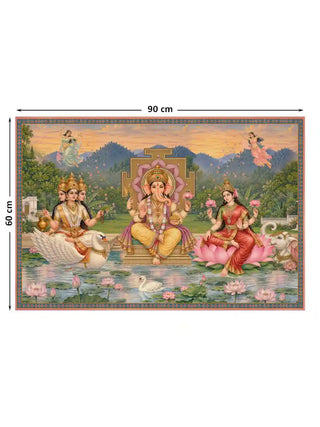 Full pattern layout of the Shree Lakshmi Ganesh Saraswati wall art shown at 60 cm by 90 cm dimensions with Ganesha, a lotus pond and swans