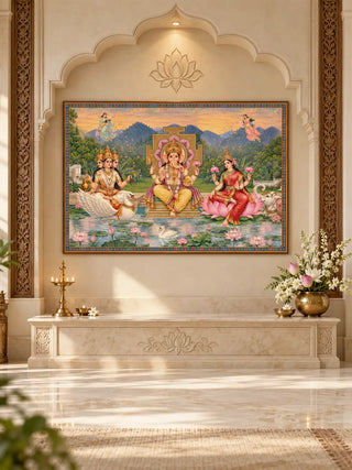 Framed Shree Lakshmi Ganesh Saraswati wall art on a cream pooja niche wall above a marble altar with a brass lamp and a vase of lotus and jasmine