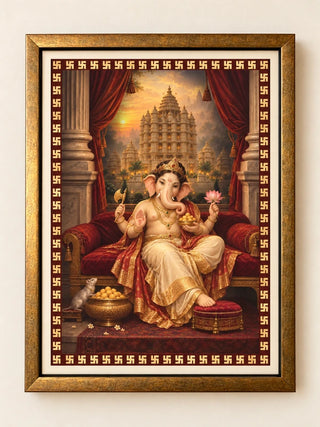 Shree Vinayaka Darbar framed wall art: Lord Ganesha in his royal court with a temple and swastika border, wooden frame with ivory mount