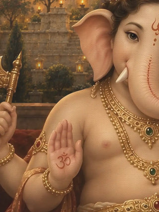 Shree Vinayaka Darbar portrait wall art showing Lord Ganesha in golden jewelry with raised palm holding an Om symbol and golden axe against an illuminated temple skyline.