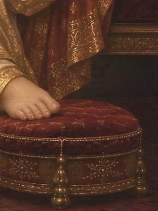 A close-up of the Shree Vinayaka Darbar wall art showing Lord Ganesha's foot resting on a tufted burgundy velvet footstool with gold embroidery and tassels.