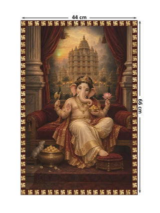 Shree Vinayaka Darbar portrait wall art featuring Lord Ganesha seated on a burgundy throne before an ornate temple, with gold decorative borders and 66 × 44 cm size markings.