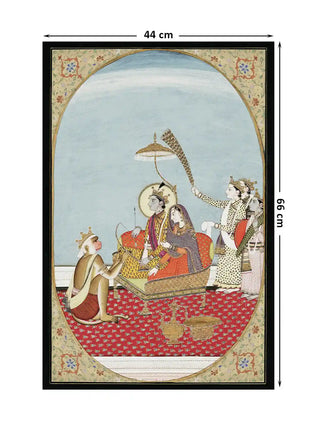Shri Ram Parivar wall art with Hanuman seated on a red floral carpet before the royal couple, close view of the miniature detailing at 44 x 66 cm dimensions