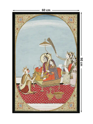 Shri Ram Parivar wall art showing Ram and Sita seated beneath a golden parasol with Hanuman in devotion, full design shown at 60 x 90 cm dimensions