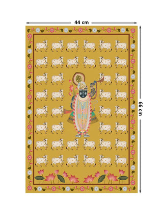 Digital layout of Shrinathji poster showing small dimensions 44 cm by 66 cm with cow and lotus details.