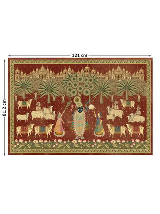The Shrinathji Madhuban wall art in Maroon & Gold, large size 81.2 by 121 centimetres, showing Shrinathji flanked by gopis amid decorated cows, palm trees and a temple city skyline, bordered by a lotus pond.