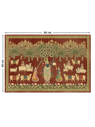The Shrinathji Madhuban wall art in Maroon & Gold, small size 44 by 66 centimetres, showing Shrinathji flanked by gopis amid decorated cows, palm trees and a temple city skyline, bordered by a lotus pond.