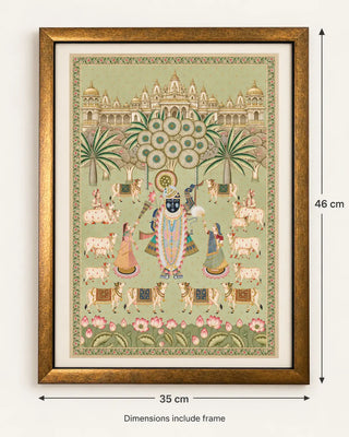 Size guide for Shrinathji Madhuban Pista framed wall art: 46 cm high and 35 cm wide including frame