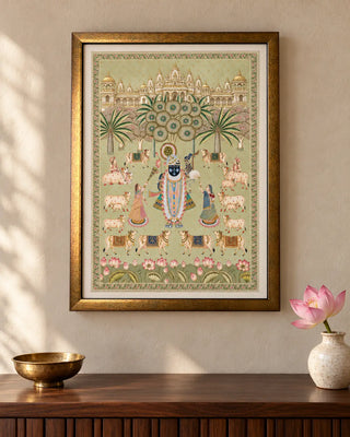 Shrinathji Madhuban Pista framed wall art hung in an entryway