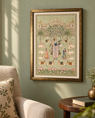 Shrinathji Madhuban Pista framed wall art on a living room wall