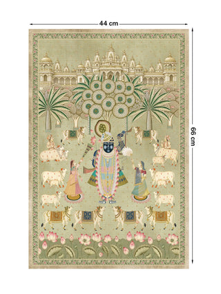 Shrinathji Madhuban portrait wall art showing a central figure among cows and attendants beneath a palace skyline, marked with its 66 cm by 44 cm dimensions.