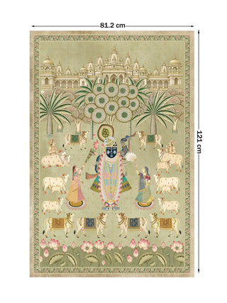 Shrinathji Madhuban portrait wall art showing a central figure among cows and attendants beneath a palace skyline, marked with its 121 cm by 81.2 cm dimensions.