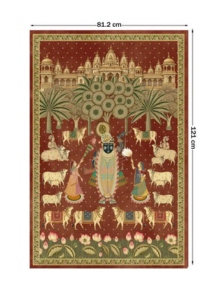 The Shrinathji Madhuban wall art, portrait orientation, in Maroon & Gold, large size 121 by 81.2 centimetres, showing Shrinathji flanked by gopis amid decorated cows, palm trees and a temple city skyline.