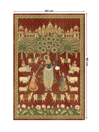 The Shrinathji Madhuban wall art, portrait orientation, in Maroon & Gold, medium size 90 by 60 centimetres, showing Shrinathji flanked by gopis amid decorated cows, palm trees and a temple city skyline.