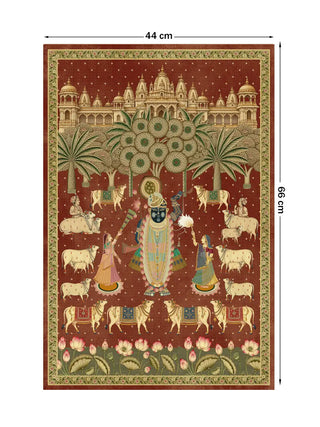 The Shrinathji Madhuban wall art, portrait orientation, in Maroon & Gold, small size 66 by 44 centimetres, showing Shrinathji flanked by gopis amid decorated cows, palm trees and a temple city skyline.