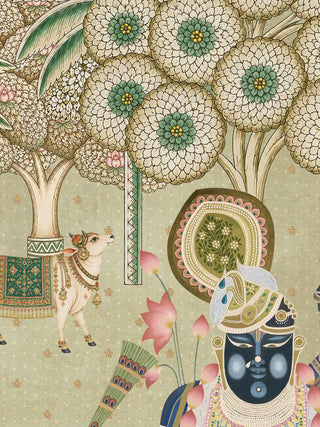 A detailed macro close-up of the Shrinathji Madhuban wall art highlighting the round-blossomed trees, an adorned cow and Shrinathji’s halo and turban