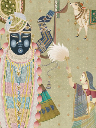 A detailed macro close-up of the Shrinathji Madhuban wall art highlighting pearl necklaces, a lotus garland and an attendant with a white whisk