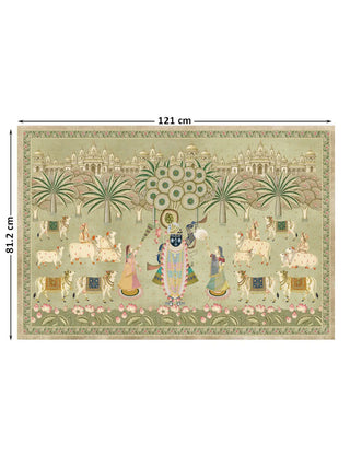 Full pattern layout of the Shrinathji Madhuban pista wall art shown at 81.2 cm by 121 cm dimensions with Shrinathji, cows and lotus blooms