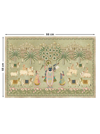 Full pattern layout of the Shrinathji Madhuban pista wall art shown at 44 cm by 66 cm dimensions with Shrinathji, cows and lotus blooms