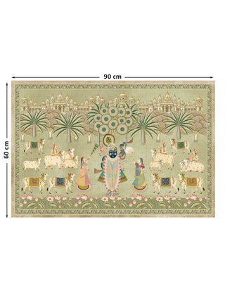 Full pattern layout of the Shrinathji Madhuban pista wall art shown at 60 cm by 90 cm dimensions with Shrinathji, cows and lotus blooms