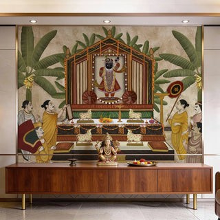 A luxury pooja room featuring Shrinathji Pichwai wallpaper with hand-painted devotees, sacred cows, and banana trees view-poojaroom