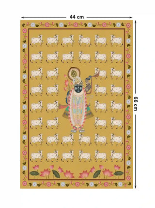 Full layout of Shrinathji Pichwai wall art at 44×66 cm showing the smallest size with the complete sacred composition of Shrinathji, white cows, pink lotus border, and pink-and-white floral vine frame on a saffron gold ground