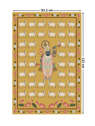 Full layout of Shrinathji Pichwai wall art at 81.2×121 cm displaying the complete Pichwai composition with Shrinathji adorned in layered jewellery and peacock crown, white cows, pink lotus blooms, and pink and white floral border