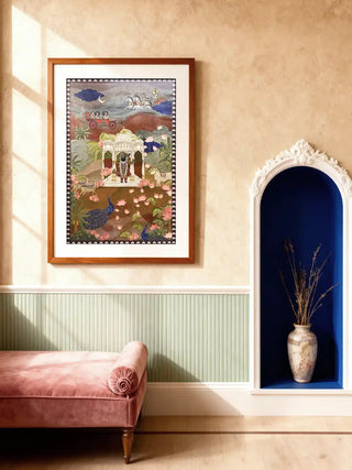 Large hand-embroidered Pichwai art piece hanging on a white brick wall in a sophisticated living room.