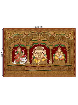 The Shriyam wall art, large size 81.2 by 121 centimetres, showing Gaja Lakshmi, a five-headed Ganesha and a third seated deity within a gem-set gold temple pavilion.