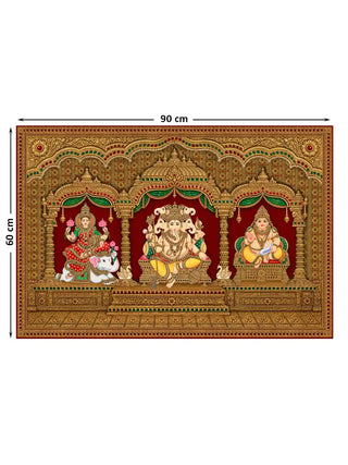 The Shriyam wall art, medium size 60 by 90 centimetres, showing Gaja Lakshmi, a five-headed Ganesha and a third seated deity within a gem-set gold temple pavilion.