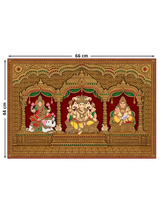 The Shriyam wall art, small size 44 by 66 centimetres, showing Gaja Lakshmi, a five-headed Ganesha and a third seated deity within a gem-set gold temple pavilion.