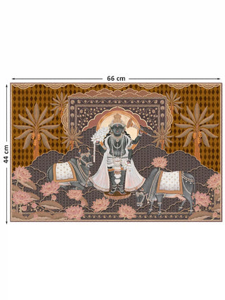 Full view of the Shyam Sundar embroidered wall art showing Shrinathji between two cows among pink lotuses and palm trees, at 44 cm by 66 cm.