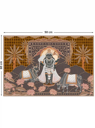 Full view of the Shyam Sundar embroidered wall art showing Shrinathji between two cows among pink lotuses and palm trees, at 60 cm by 90 cm.