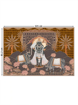 Full view of the Shyam Sundar embroidered wall art showing Shrinathji between two cows among pink lotuses and palm trees, at 81.2 cm by 121 cm.