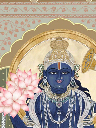 A close-up of the Shyam Sundar wall art in Sage & Coral showing the jewelled crown, pearl necklaces, pink lotus bouquet and gold halo.