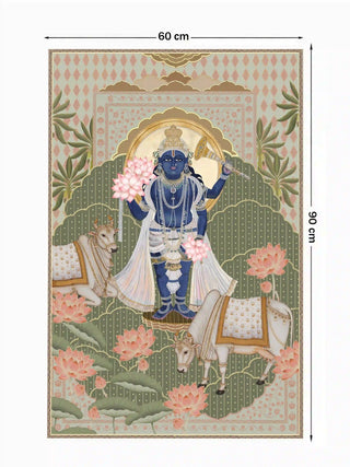 Full pattern view of the Shyam Sundar wall art in Sage & Coral, shown at the 90 cm by 60 cm size, with Krishna, cows and pink lotuses.